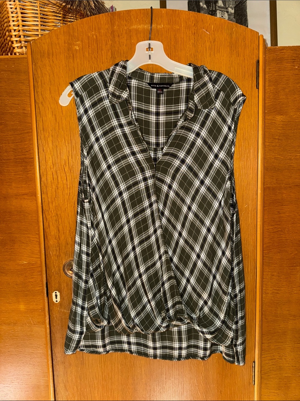 Olive and White Plaid Sleeveless Wrap-Front Top